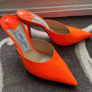 Jimmy Choo Rav 100 Orange Flame Mule Heels open back leather pointed toe Sz 38.